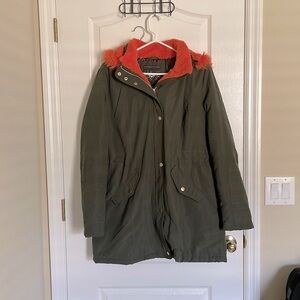 Noize Vegan Faux Orange Fur Hooded Army Green Anorak Style Jacket